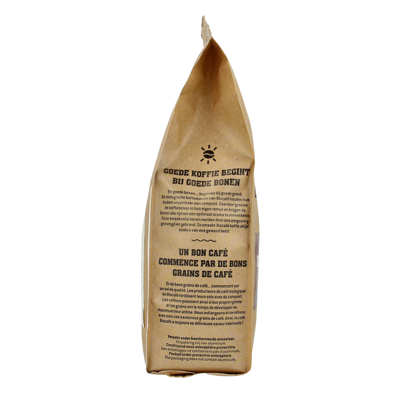 Biocafe dark roast bio espresso filter coffee in 250g bag, organic coffee beans for brewing rich espresso and coffee drinks.