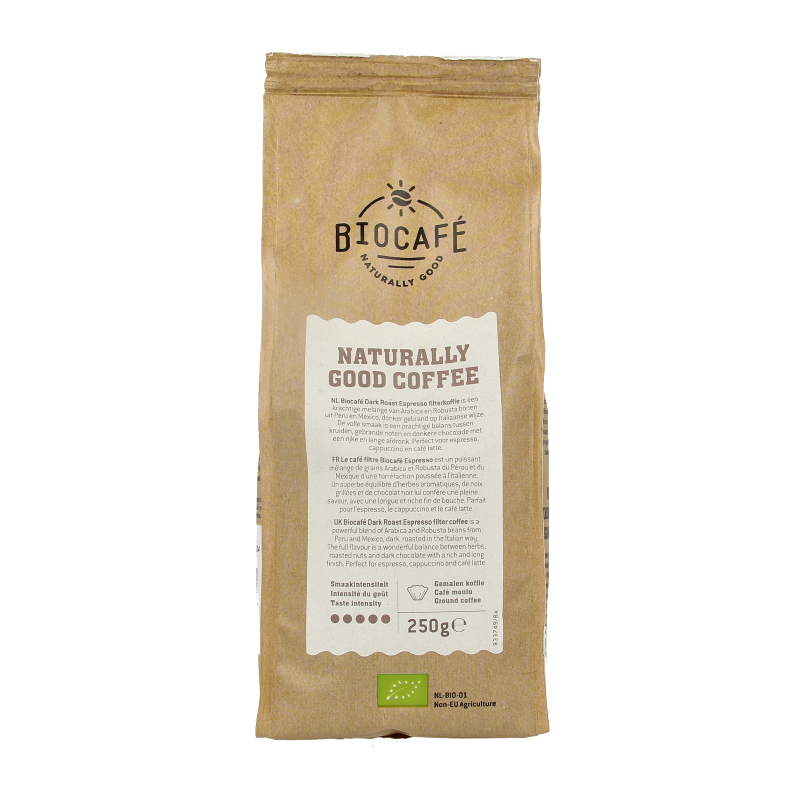 Biocafe dark roast organic espresso coffee in a 250g bag, showcasing the coffee beans and packaging.