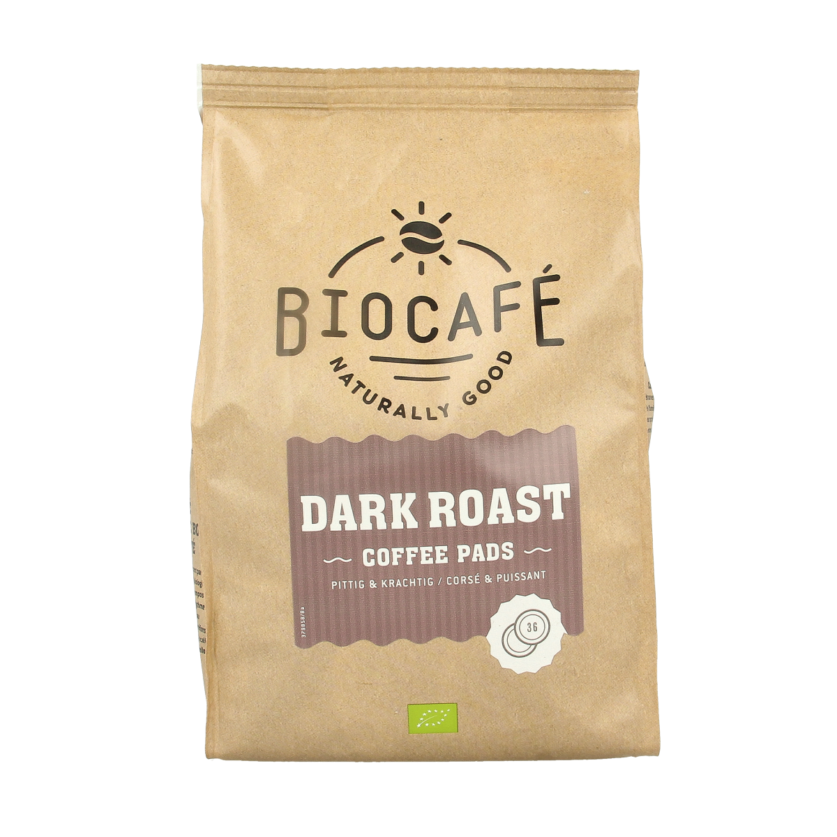 Biocafe dark roast coffee pads, 36 packs, for coffee and tea, showing the product packaging with coffee pads in a box.