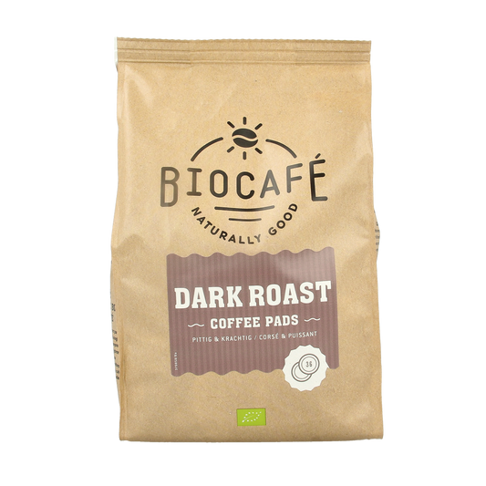 Biocafe dark roast coffee pads, 36 packs, for coffee and tea, showing the product packaging with coffee pads in a box.