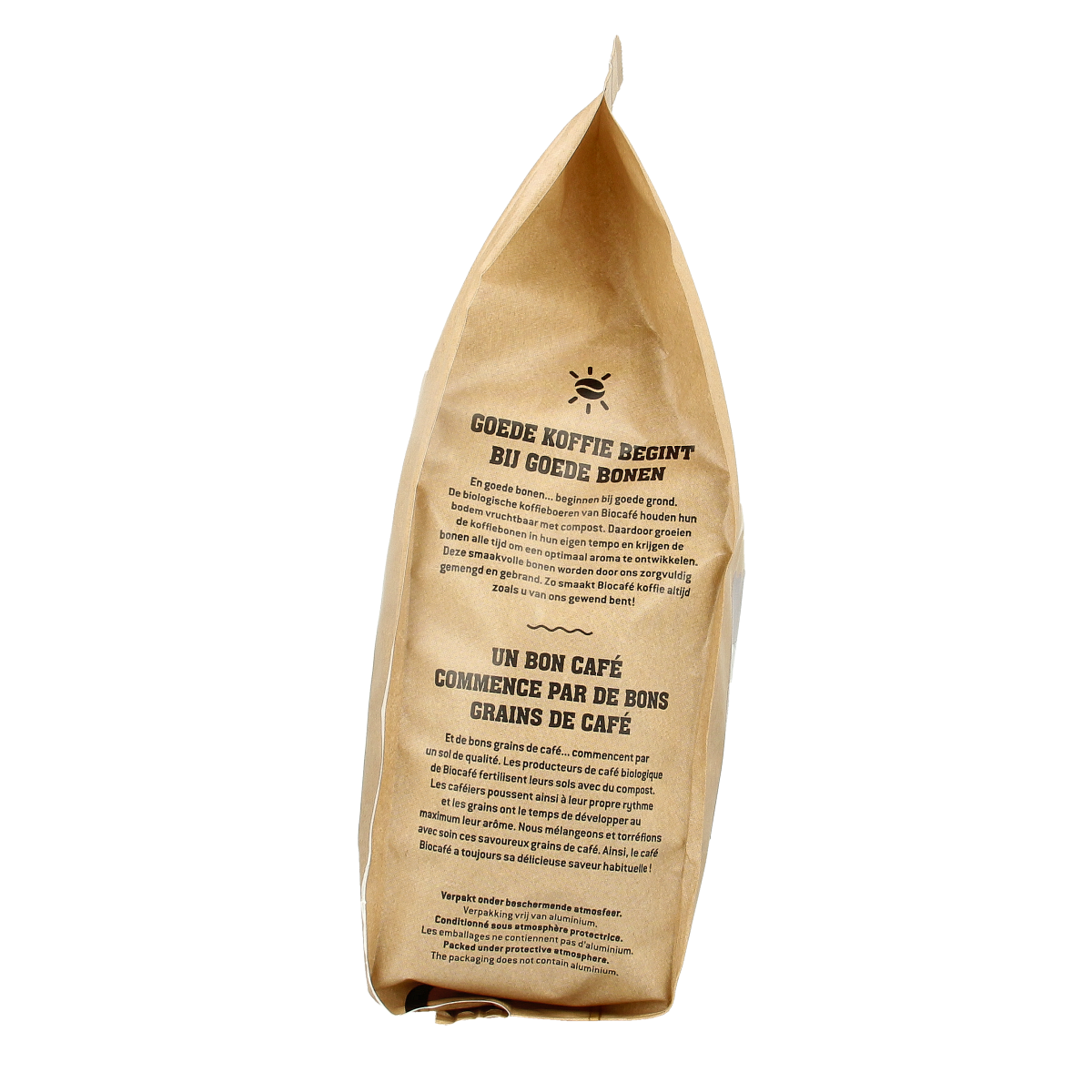 Biocafe dark roast coffee pads in a box of 36, organic coffee and tea product, showing the packaging and coffee pads.