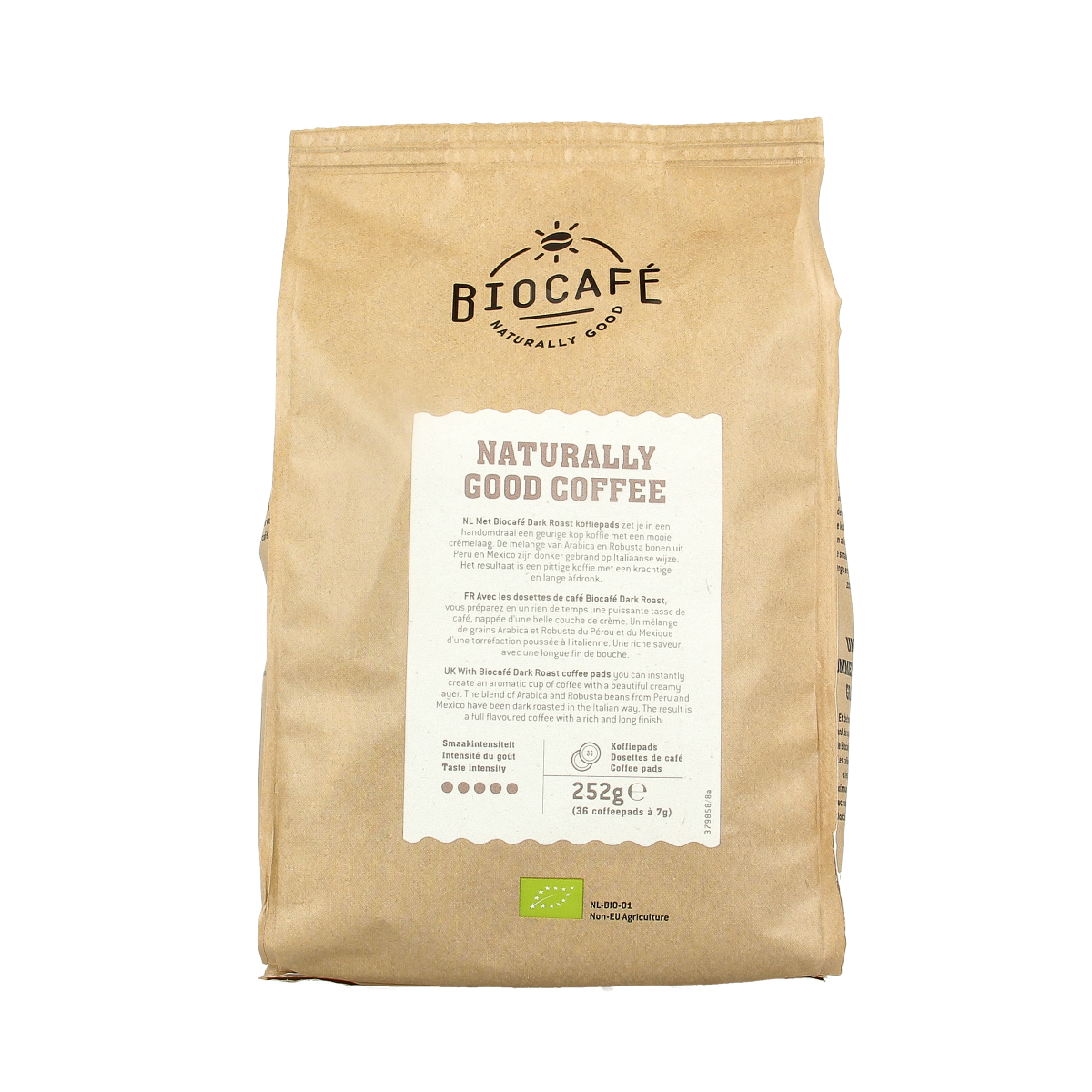 Biocafe dark roast coffee pads in a package of 36, suitable for brewing rich, organic coffee.