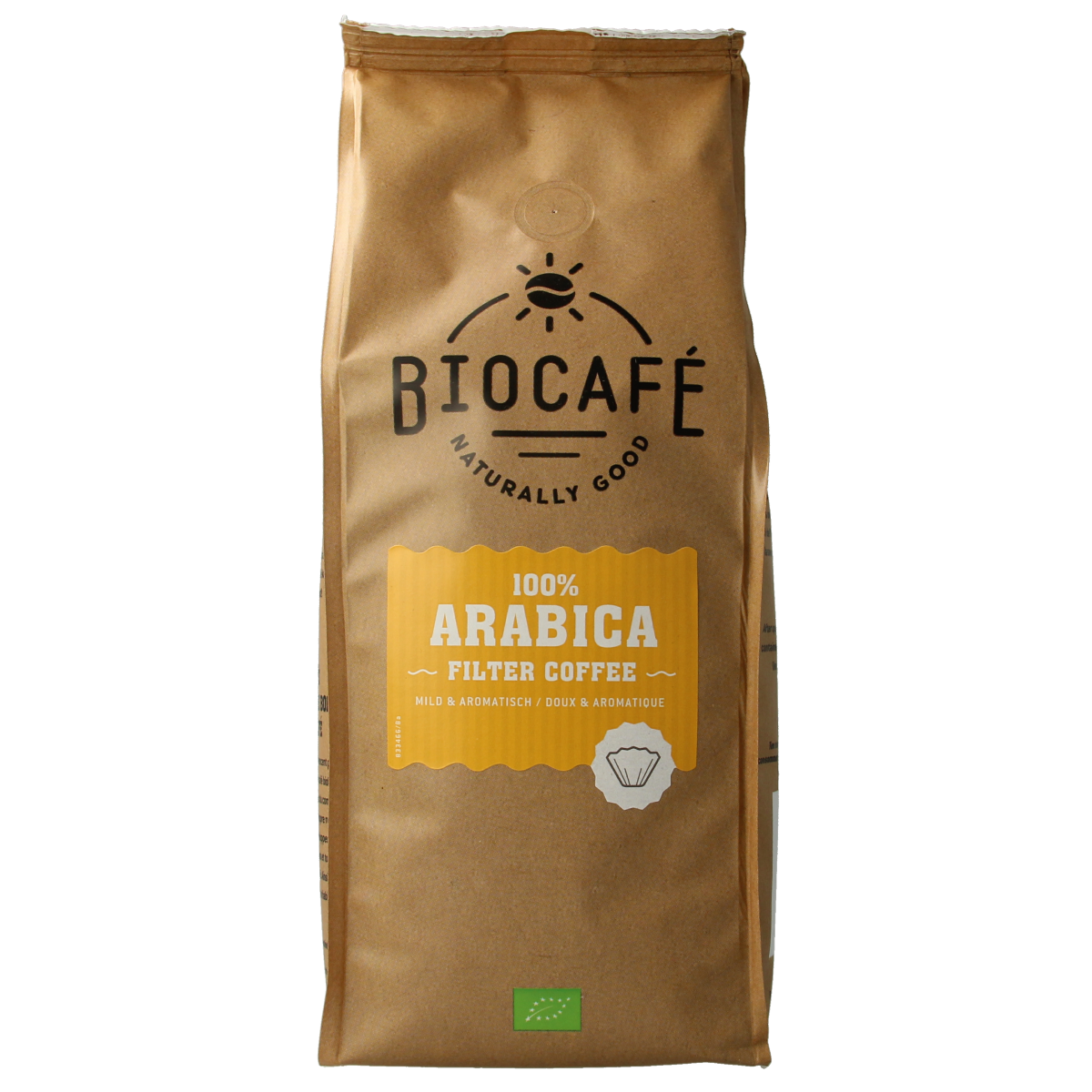 Biocafe Arabica gemalen biologische koffie in 500g pack, showing freshly ground coffee beans in a clear bag.