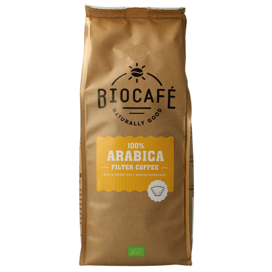 Biocafe Arabica gemalen biologische koffie in 500g pack, showing freshly ground coffee beans in a clear bag.