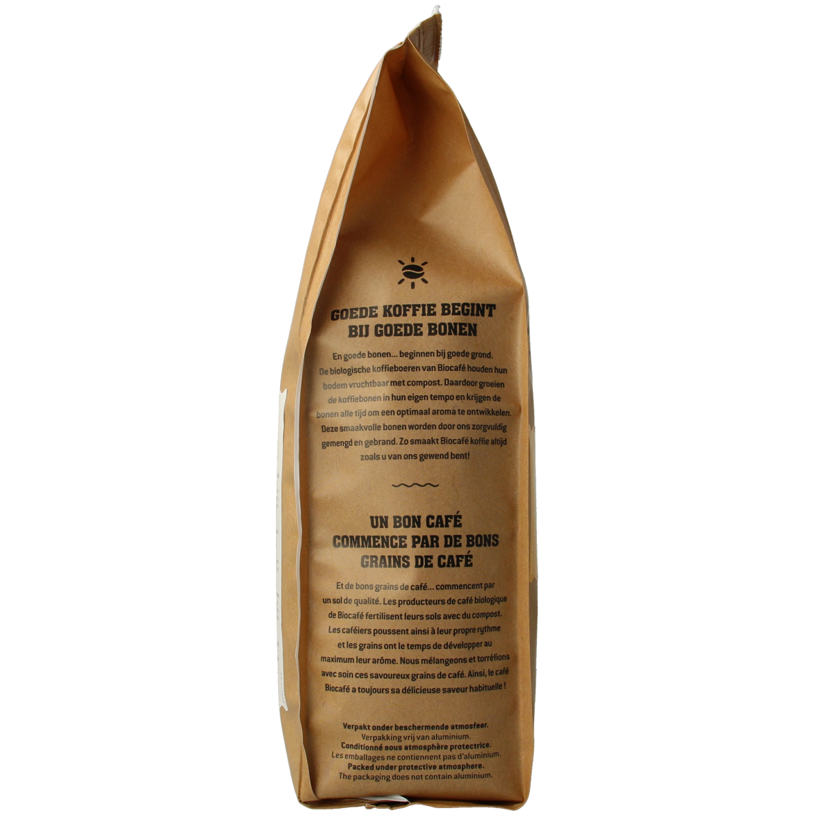 Biocafe Arabica gemalen bio coffee in 500g package, natural ground coffee for brewing and brewing equipment.