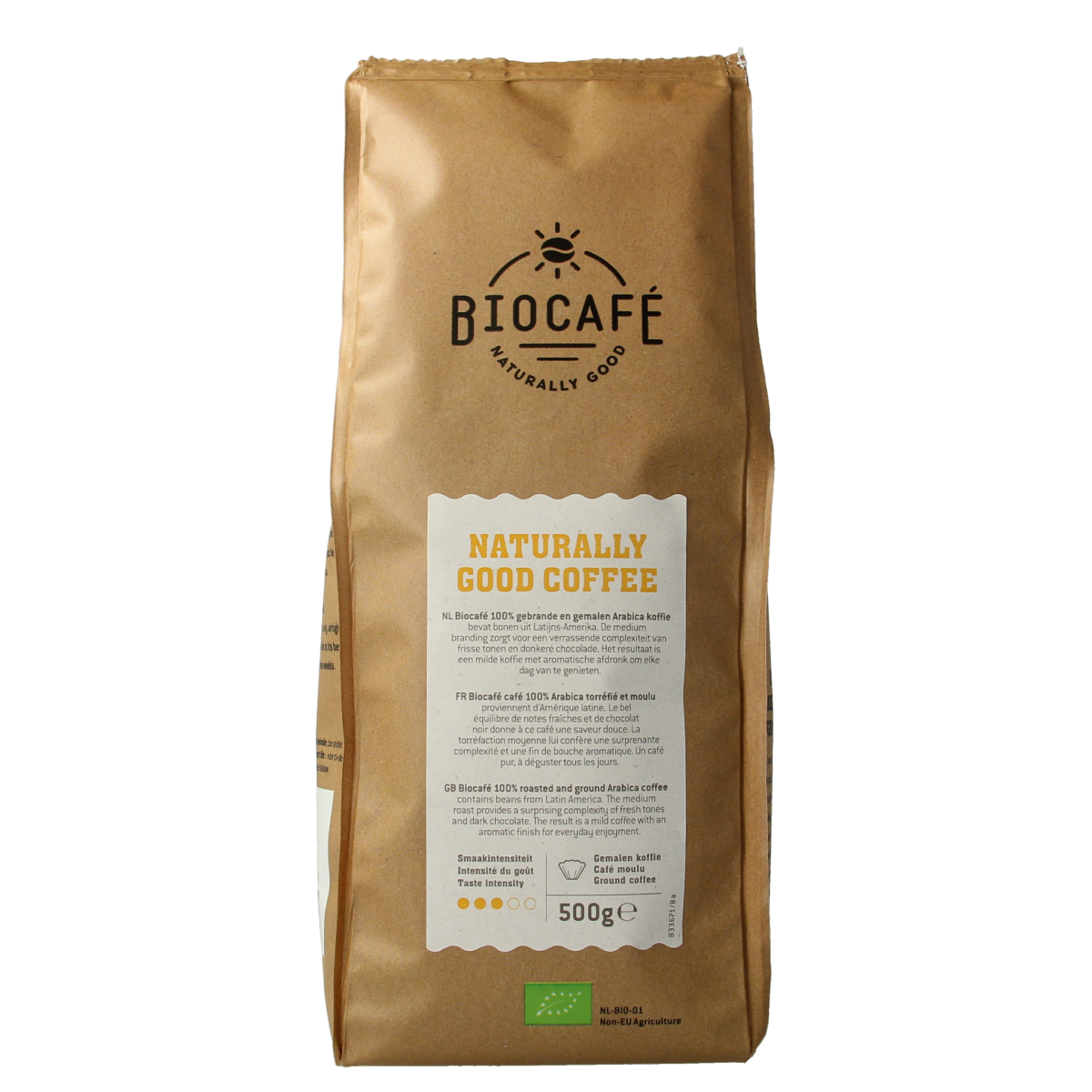 Biocafe Arabica gemalen bio koffie in 500g pack, organic coffee beans for brewing rich, aromatic coffee.