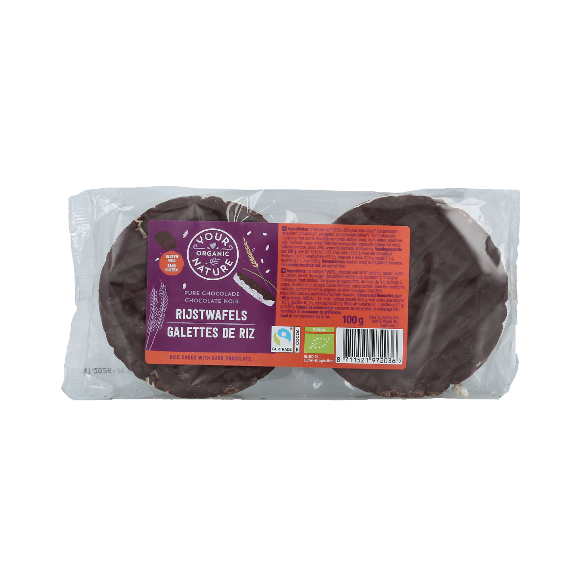 Organic Your Organic Nature pure chocolate rice cake cracker, 100g, showing the crispy, chocolate-coated rice wafer.