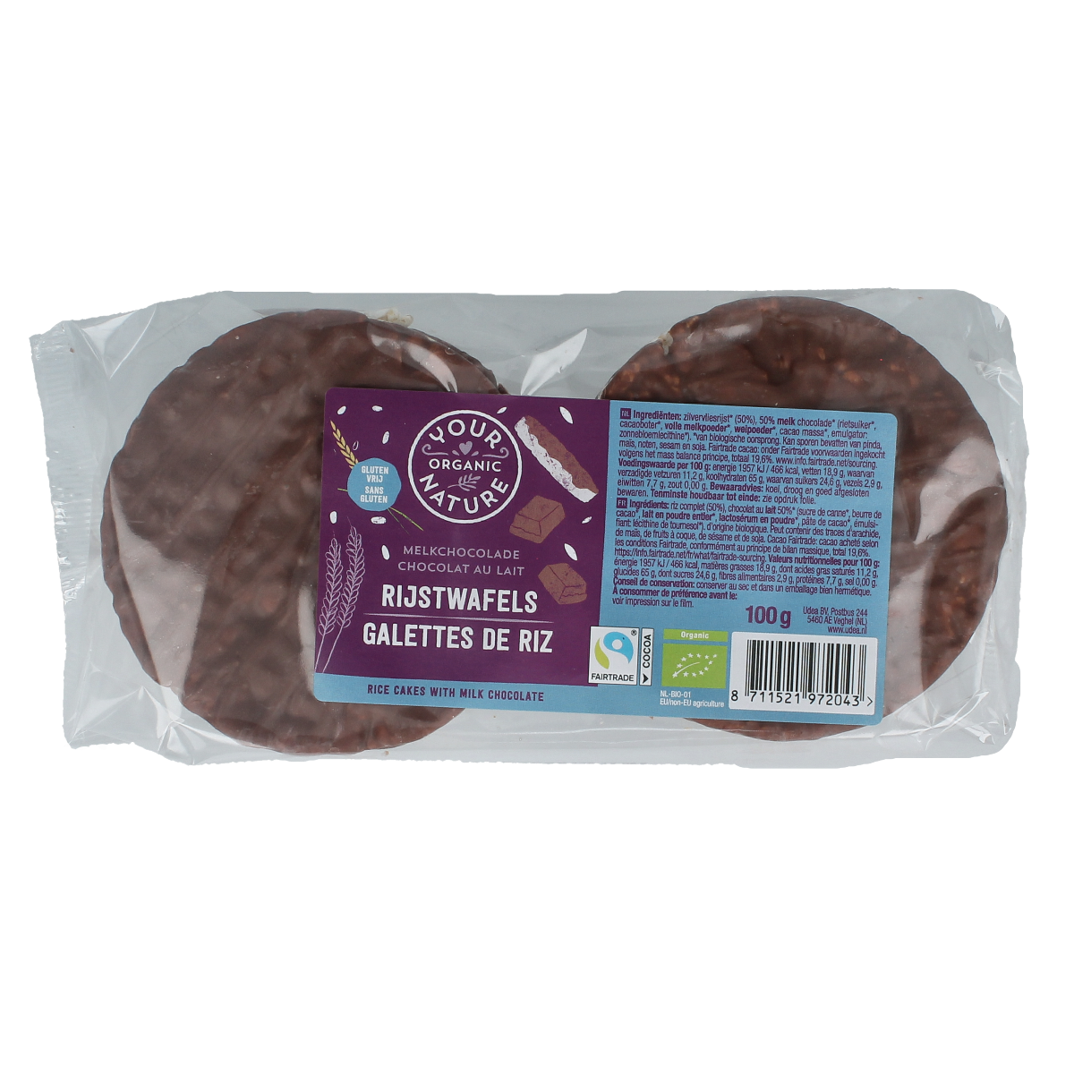 Your Organic Nature Rijswafels choco melk bio, 100g, showing crispy rice wafels with chocolate and milk flavor in a natural packaging.