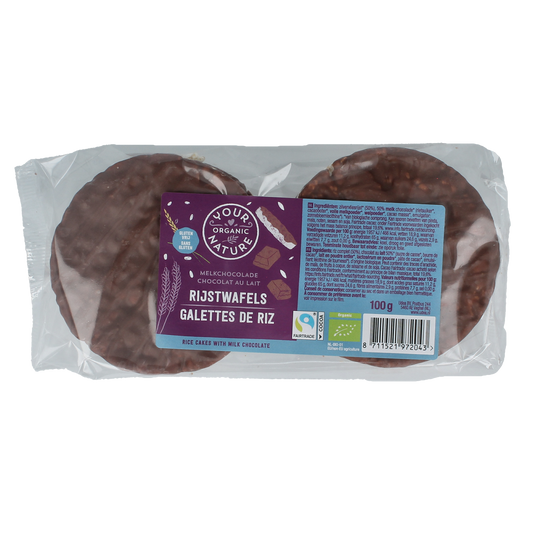 Your Organic Nature Rijswafels choco melk bio, 100g, showing crispy rice wafels with chocolate and milk flavor in a natural packaging.