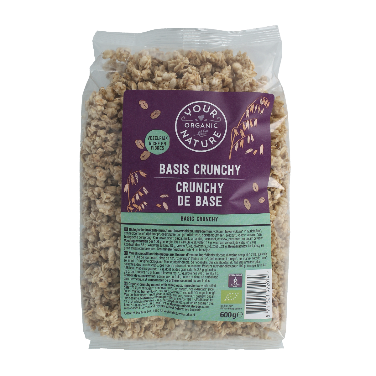 Crunchy Your Organic Nature Muesli basis bio in a 600g package, featuring oats, nuts, and dried fruits for a healthy breakfast.