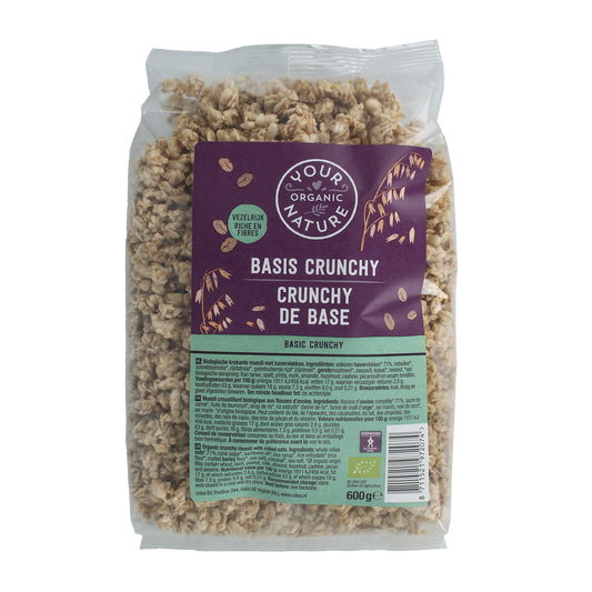 Crunchy Your Organic Nature Muesli basis bio in a 600g package, featuring oats, nuts, and dried fruits for a healthy breakfast.