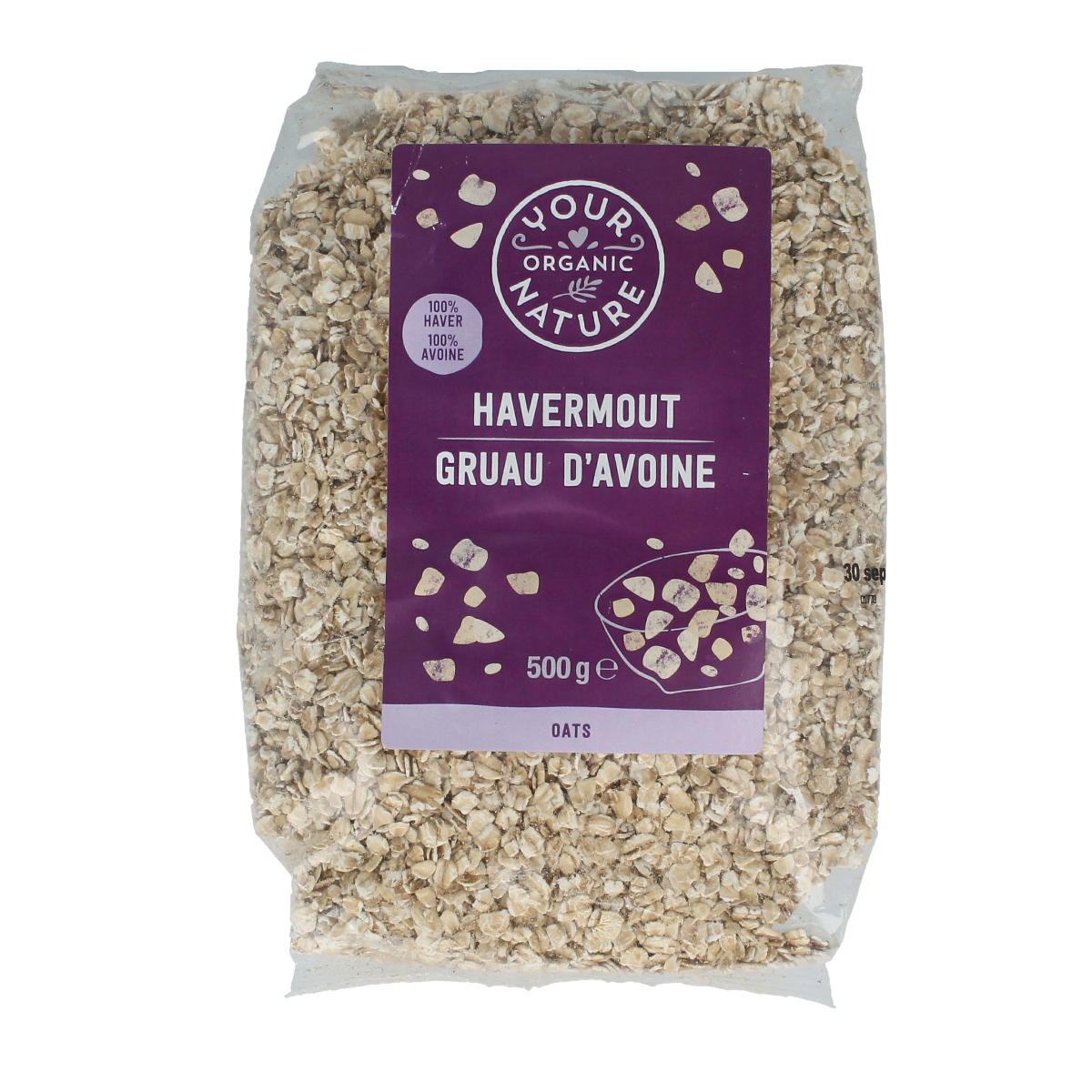 Organic Your Organic Nature Havermout bio breakfast grains in a 500g package, showing the label and textured oats.