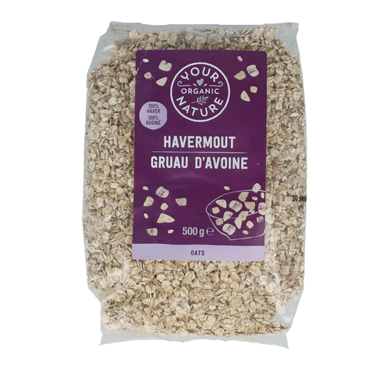 Organic Your Organic Nature Havermout bio breakfast grains in a 500g package, showing the label and textured oats.