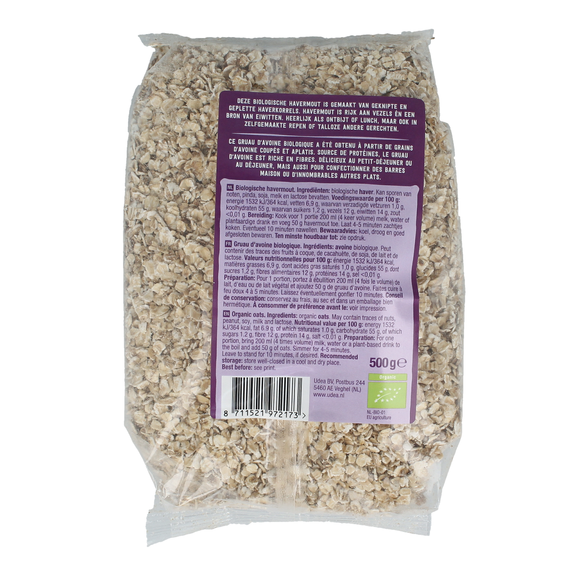 Organic Your Organic Nature Havermout bio oats in a 500g package, perfect for healthy breakfast oatmeal.