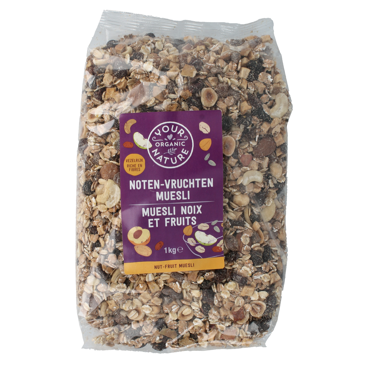 Your Organic Nature muesli with nuts and dried fruits in a 1kg package, natural breakfast cereal with organic ingredients.