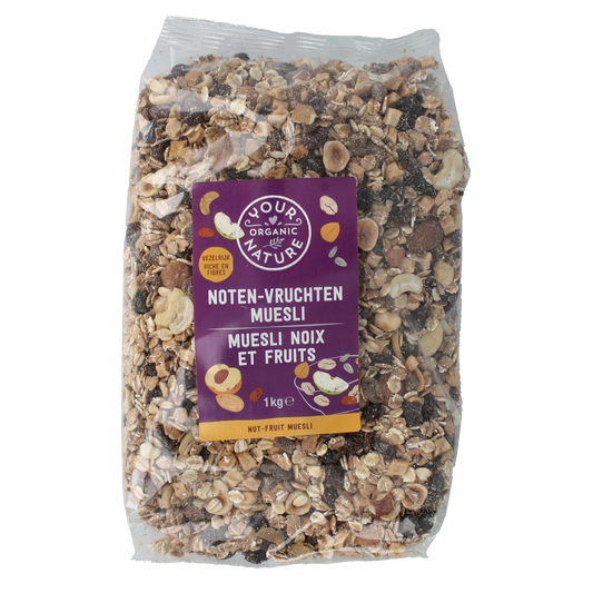 Your Organic Nature muesli with nuts and dried fruits in a 1kg package, natural breakfast cereal with organic ingredients.