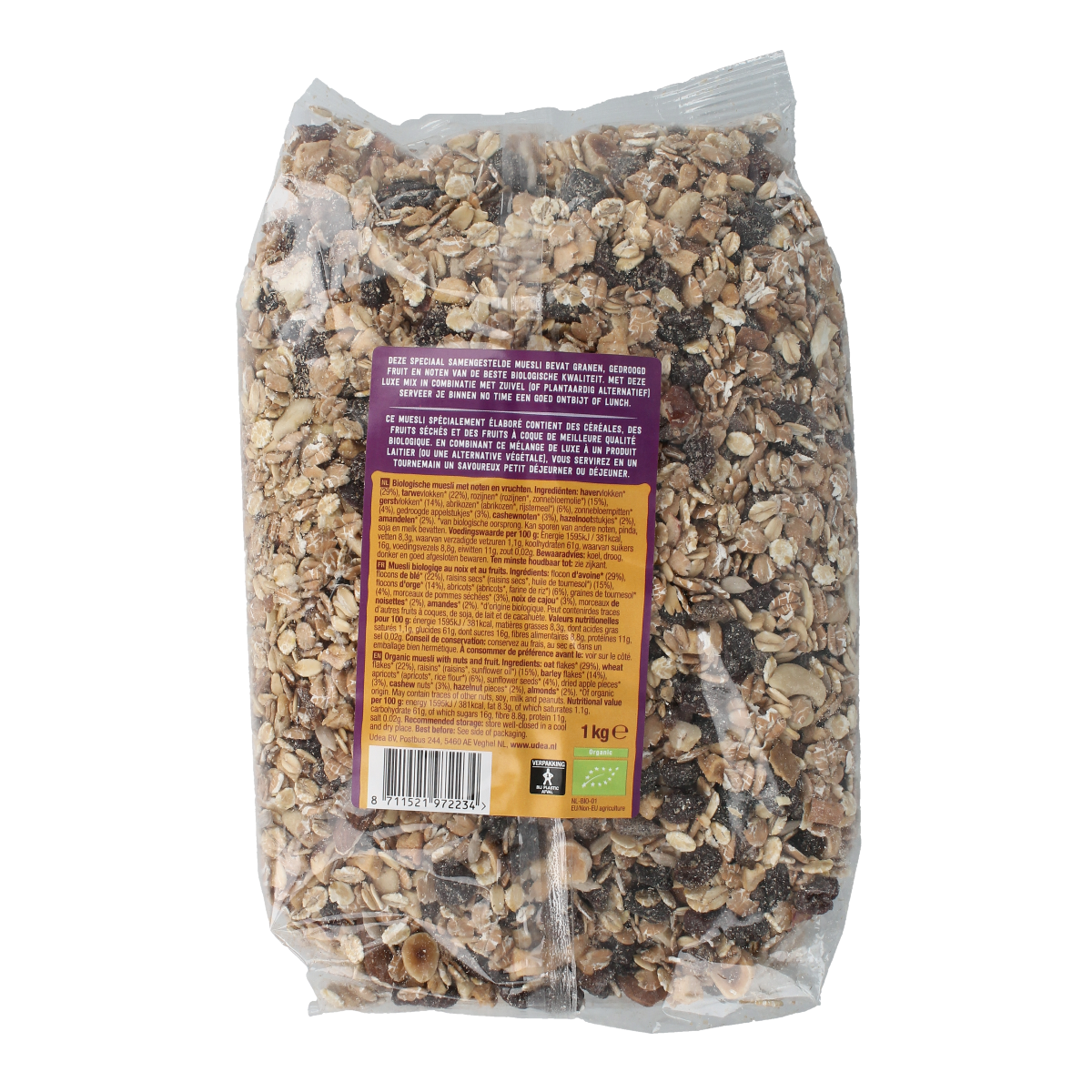 Organic Your Organic Nature Muesli with nuts and dried fruits in a 1kg package, a wholesome breakfast cereal with natural ingredients.