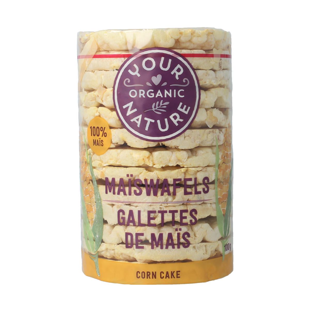 Your Organic Nature Maiswafels bio crackers, 100g, showing golden, crispy organic maize wafers in a clear package.