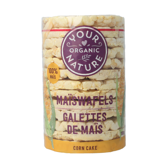 Your Organic Nature Maiswafels bio crackers, 100g, showing golden, crispy organic maize wafers in a clear package.