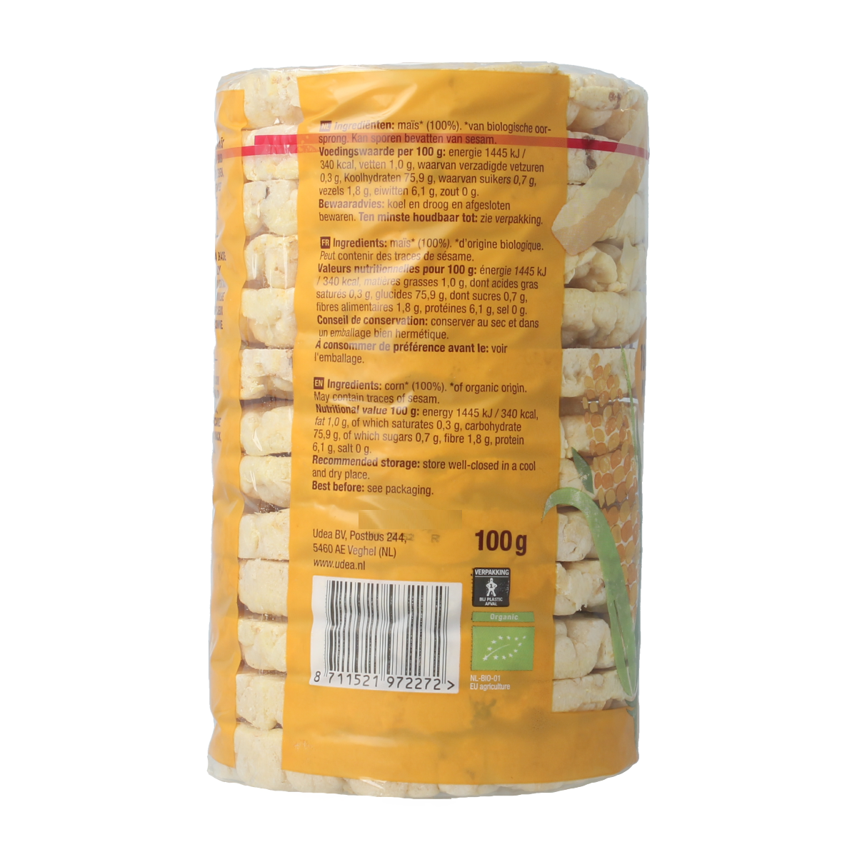Your Organic Nature Maiswafels bio, 100g, crispy organic bread and crackers with maize flavor, shown in the product image.