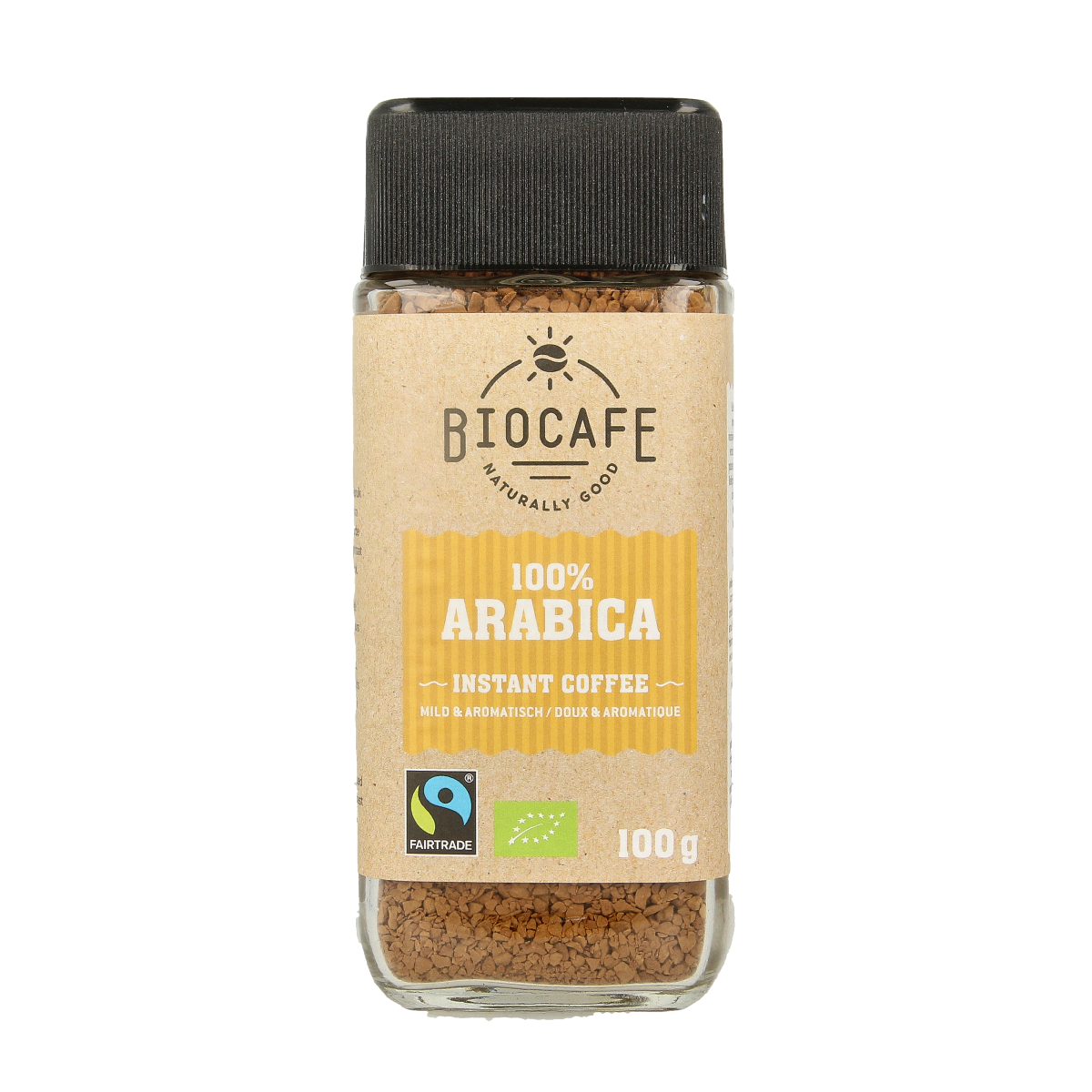 Biocafe organic instant coffee in a 100g package, showing a close-up of the coffee granules in a jar.