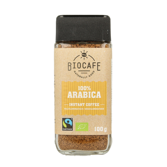 Biocafe organic instant coffee in a 100g package, showing a close-up of the coffee granules in a jar.