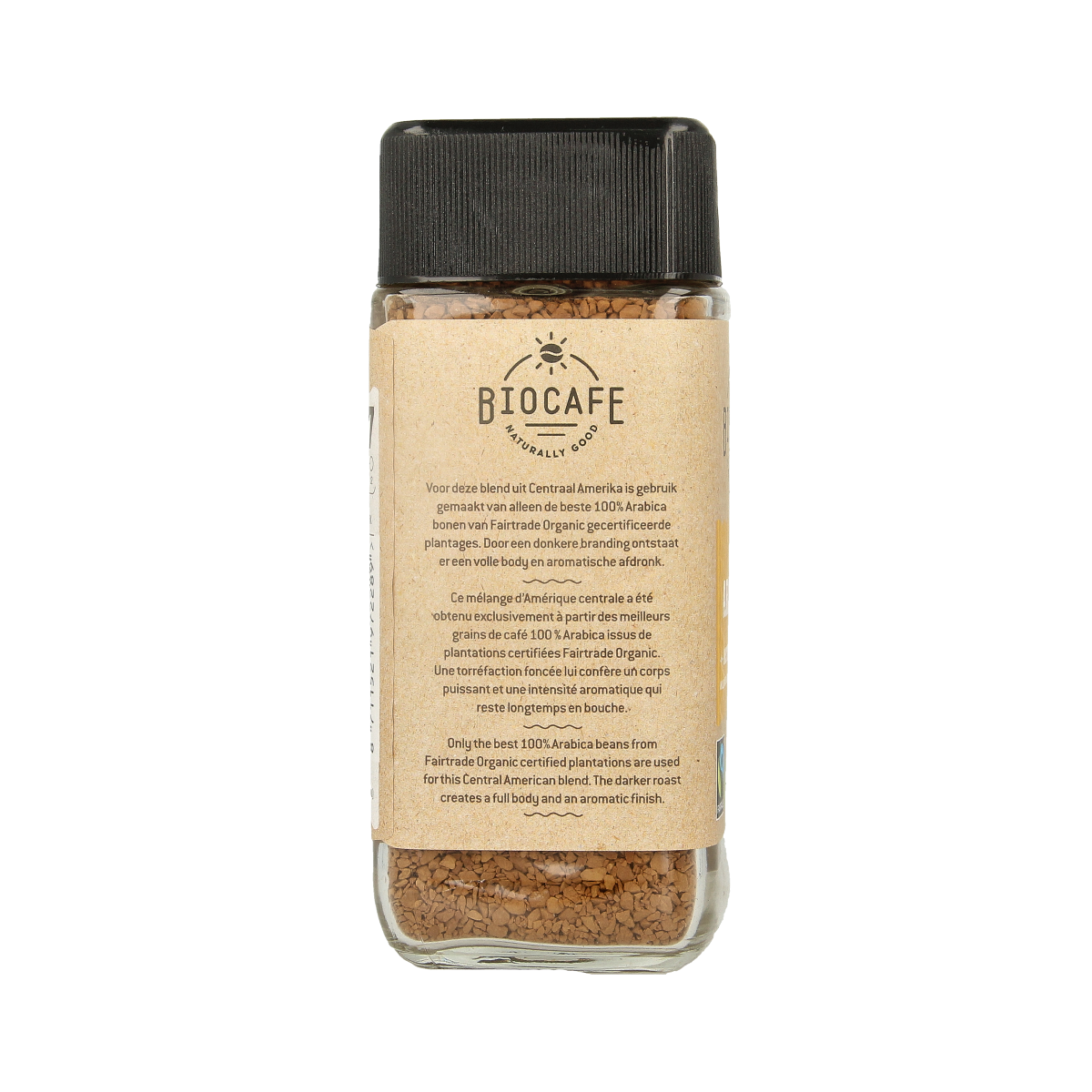 Biocafe Bio instant koffie 100g jar with label, organic coffee powder in a clear jar for brewing or brewing preparation.
