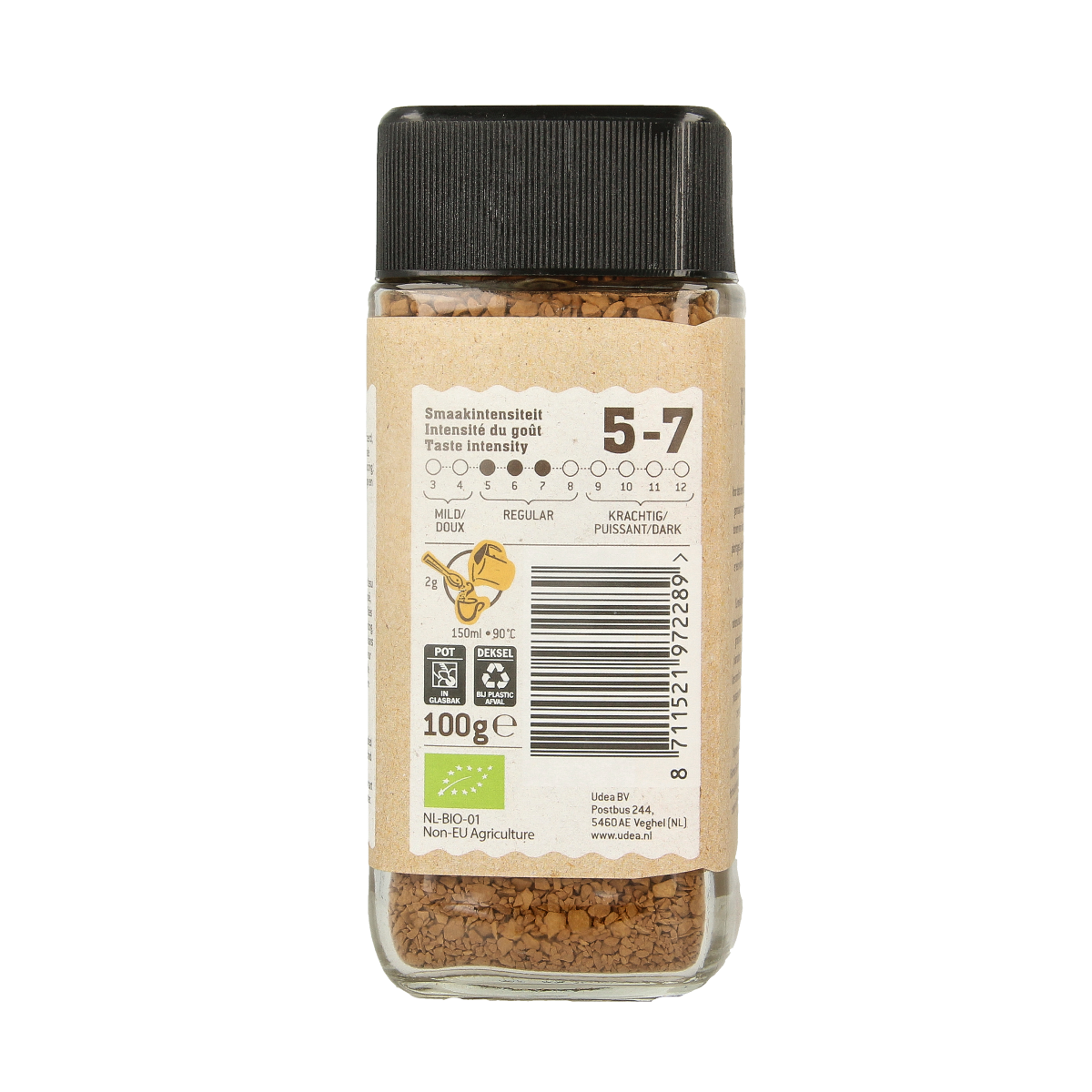 Organic Biocafe instant coffee in a 100g package, showcasing the coffee granules and brand label.