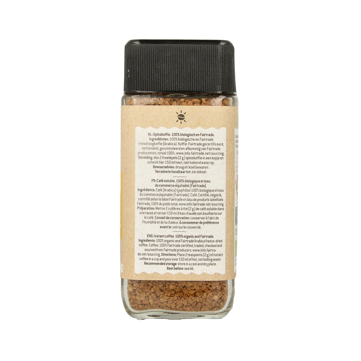 Biocafe bio instant coffee in 100g package, displaying the coffee granules in a clear container with a natural setting.