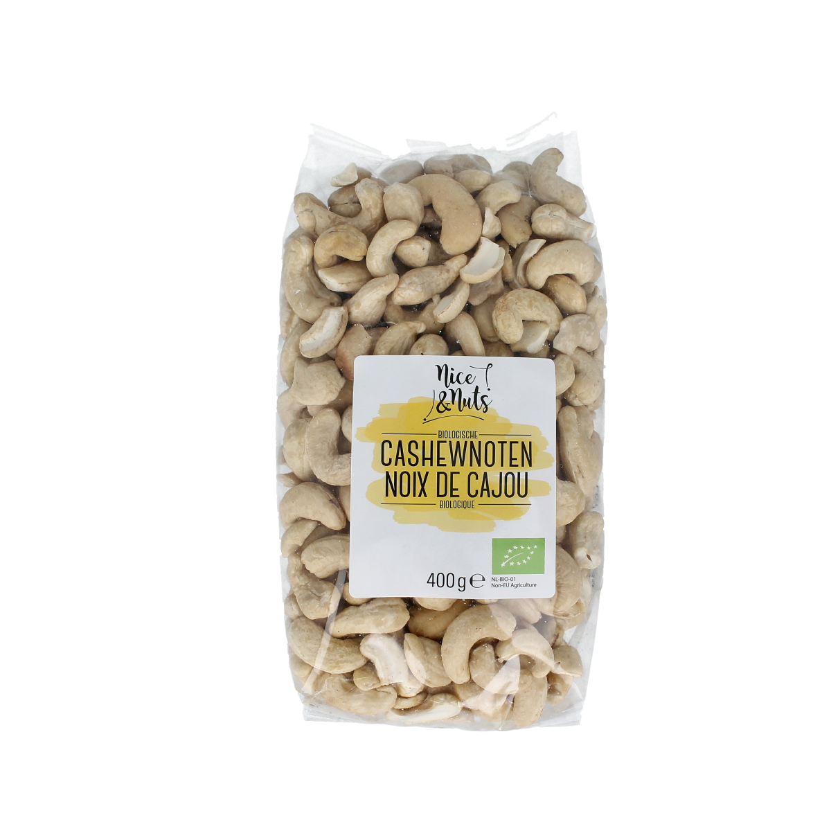 Raw organic cashew nuts from Nice & Nuts, 400g, displayed in a clear bowl, highlighting their creamy texture and natural color.