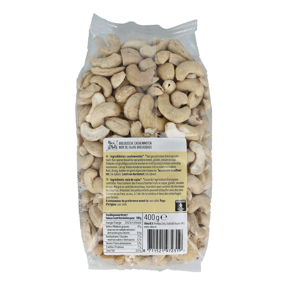 Raw organic cashew nuts from Nice & Nuts in a 400g bag, showcasing fresh, natural cashews in a clear view.