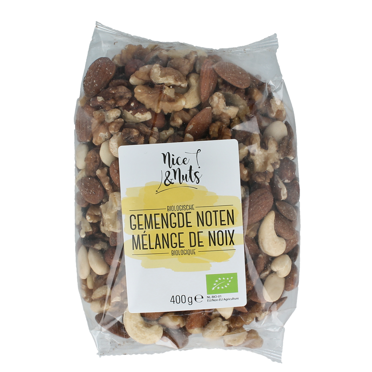Assorted raw and organic mixed nuts in a 400g package from Nice & Nuts, showcasing a variety of nuts like almonds, cashews, and walnuts.
