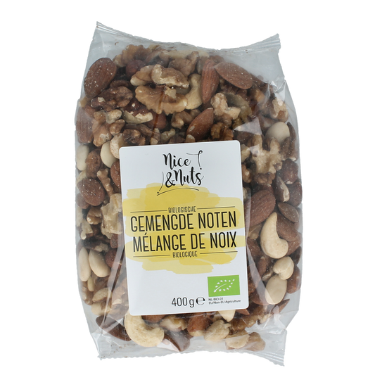 Assorted raw and organic mixed nuts in a 400g package from Nice & Nuts, showcasing a variety of nuts like almonds, cashews, and walnuts.