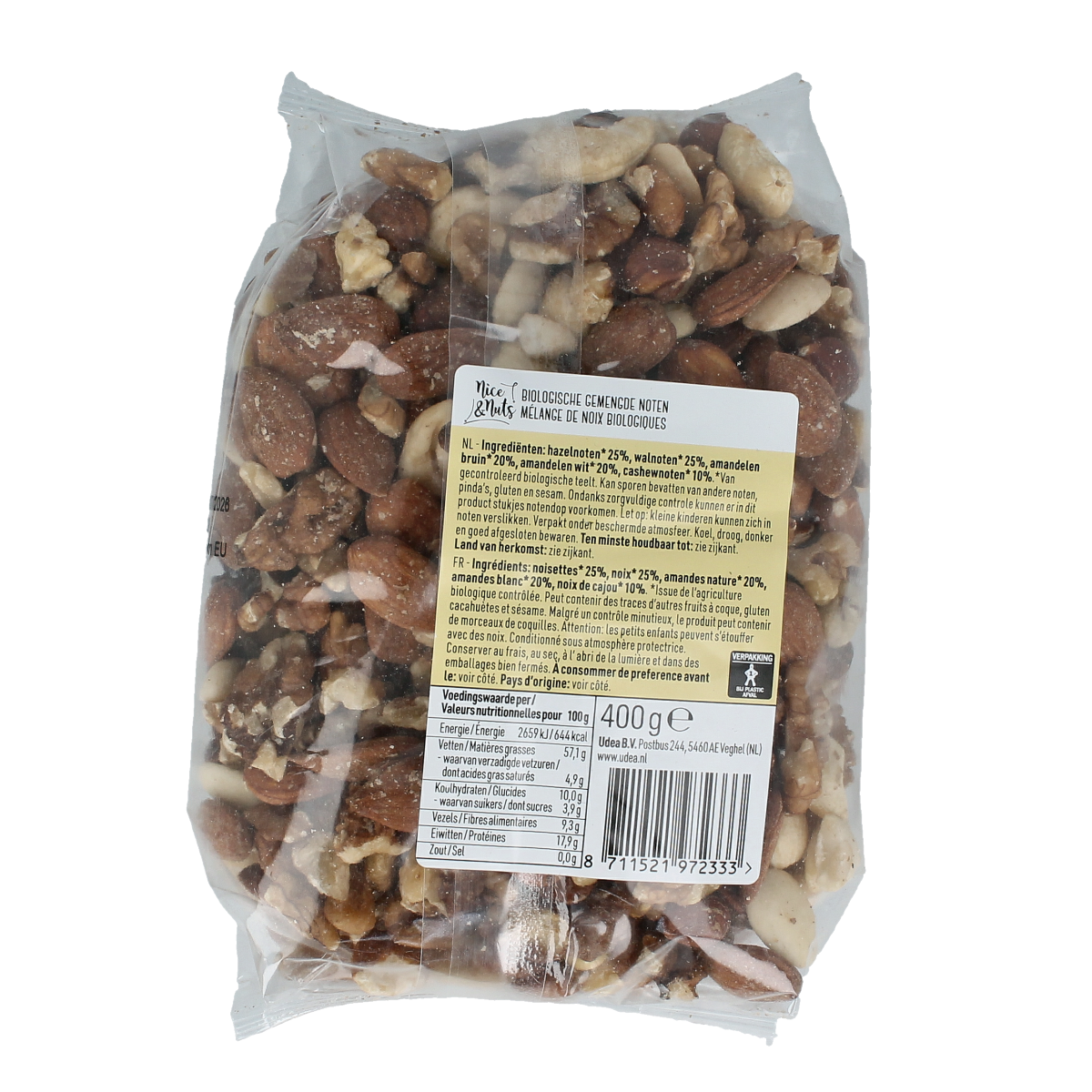 Assorted organic mixed nuts from Nice & Nuts in a 400g package, raw and rich in superfoods.