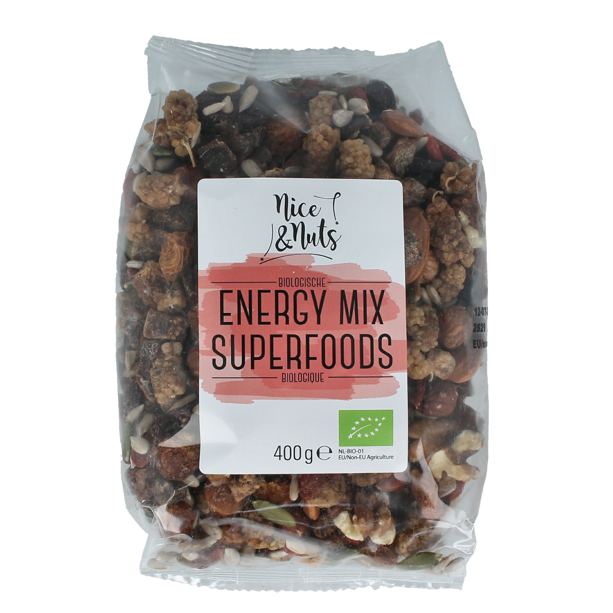 Organic Nice & Nuts Energy Mix superfoods in a 400g package, featuring raw, nutrient-rich superfoods for healthy snacking.