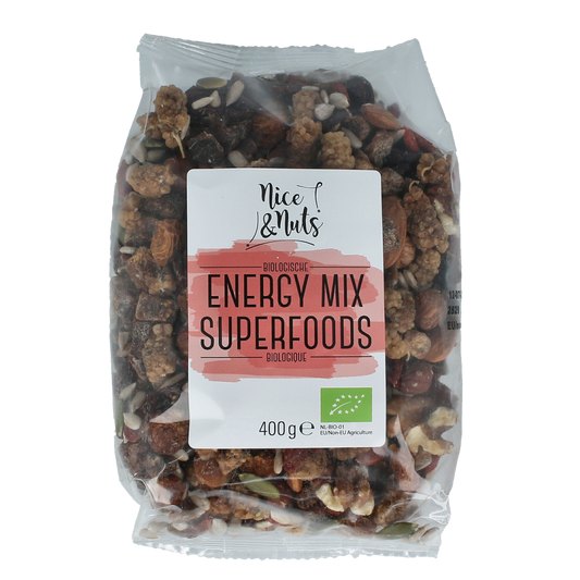 Organic Nice & Nuts Energy Mix superfoods in a 400g package, featuring raw, nutrient-rich superfoods for healthy snacking.