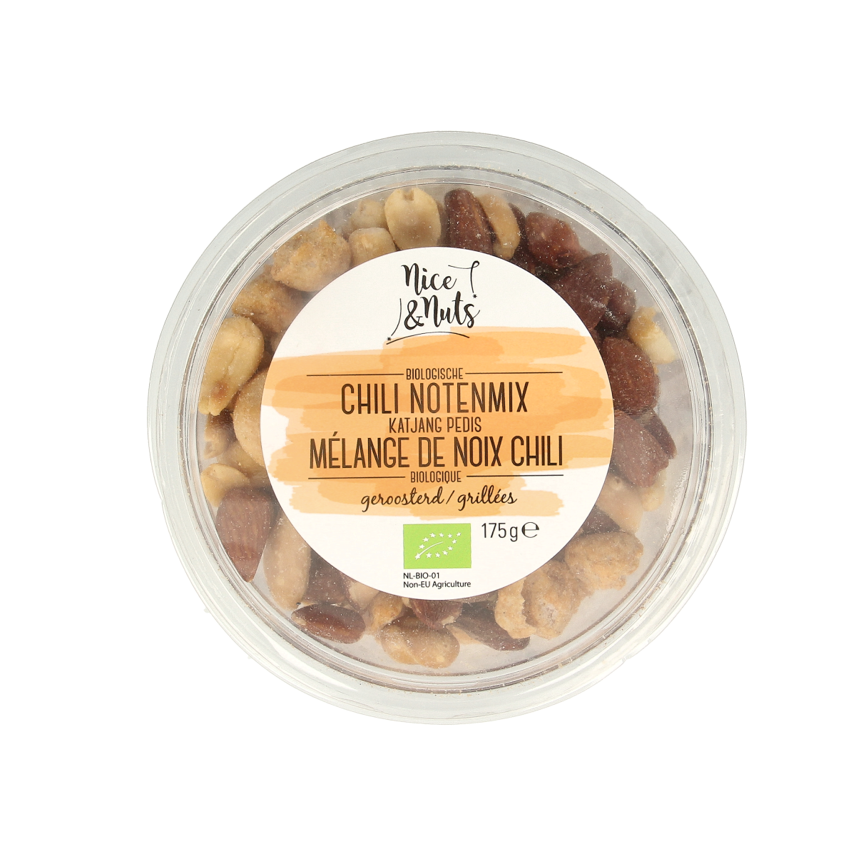 Roasted organic chili nut mix with katjang pedis from Nice & Nuts, raw superfood snack in a 175g package.