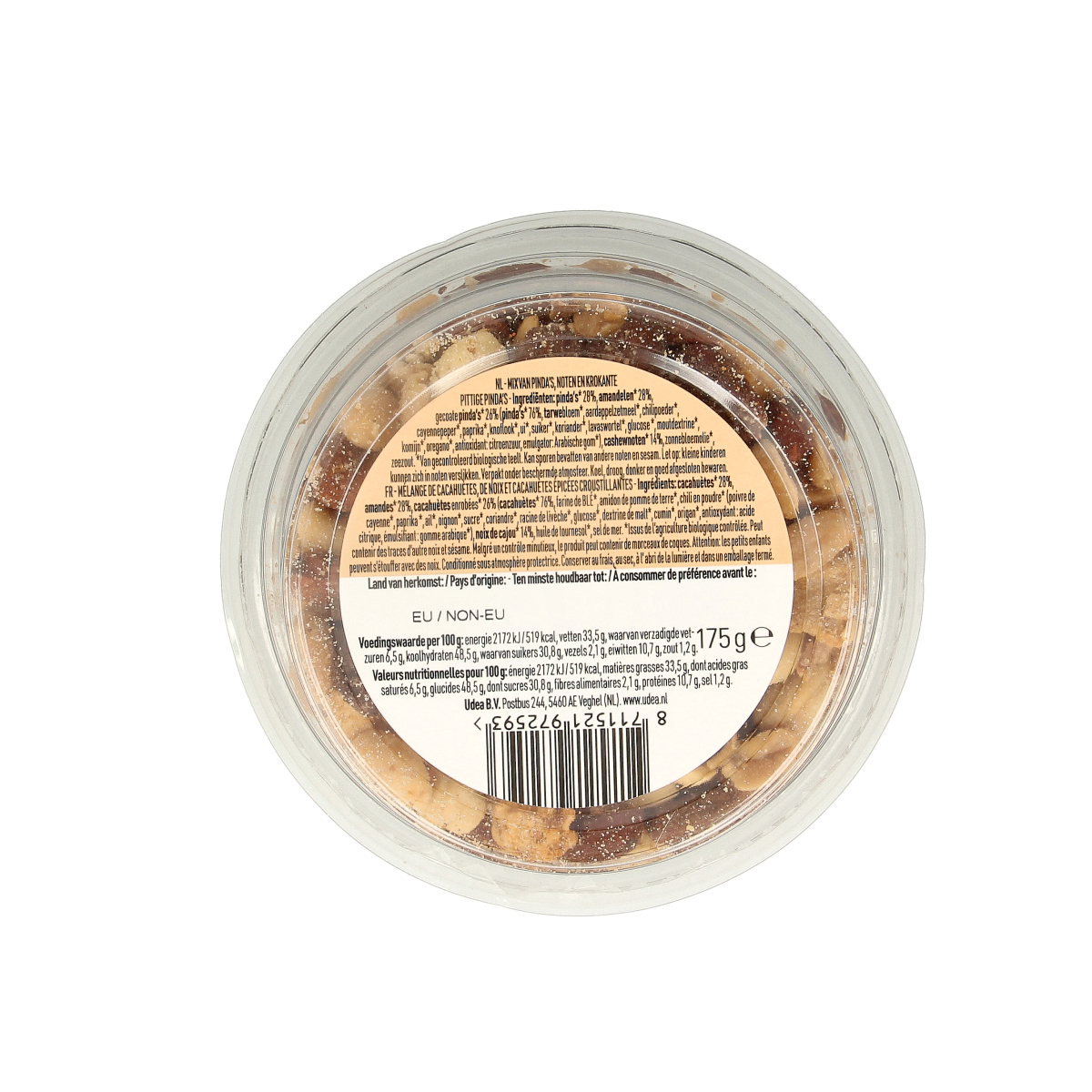 Roasted organic chili nut mix with katjang pedis by Nice & Nuts, featuring raw superfood-style snack in 175g package.
