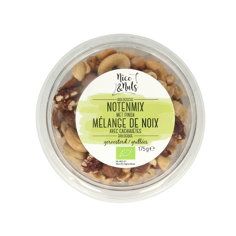 Roasted organic Nice & Nuts Notenmix with peanuts, no sea salt, in 175g package, featuring a variety of raw superfood nuts and seeds.