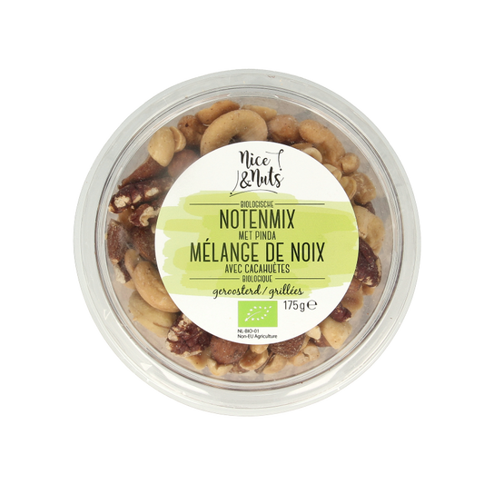 Roasted organic Nice & Nuts Notenmix with peanuts, no sea salt, in 175g package, featuring a variety of raw superfood nuts and seeds.