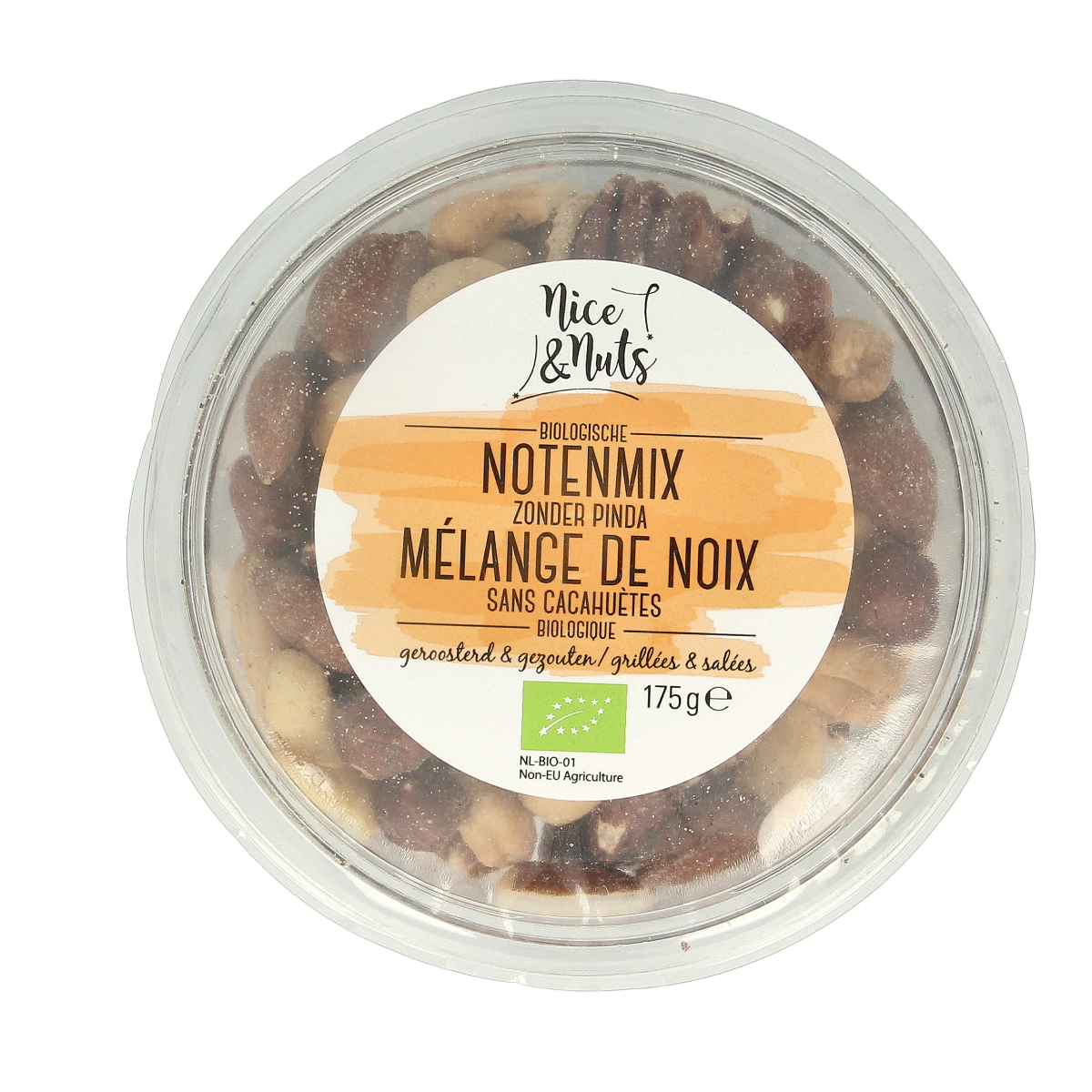 Roasted organic nut mix with sea salt by Nice & Nuts, without peanuts, in a 175g package, featuring raw superfood ingredients.