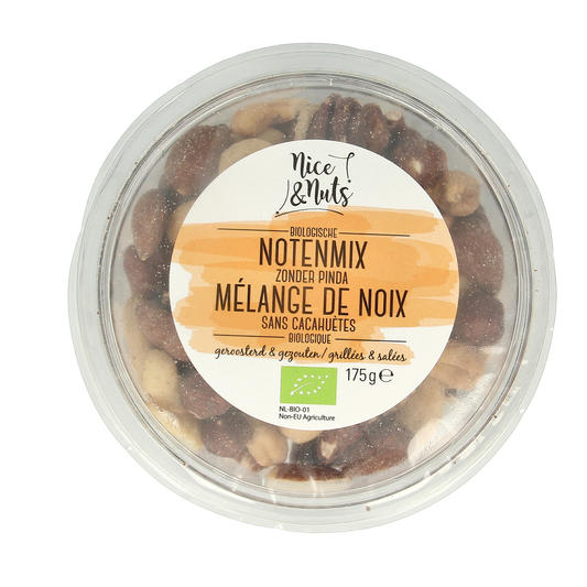 Roasted organic nut mix with sea salt by Nice & Nuts, without peanuts, in a 175g package, featuring raw superfood ingredients.