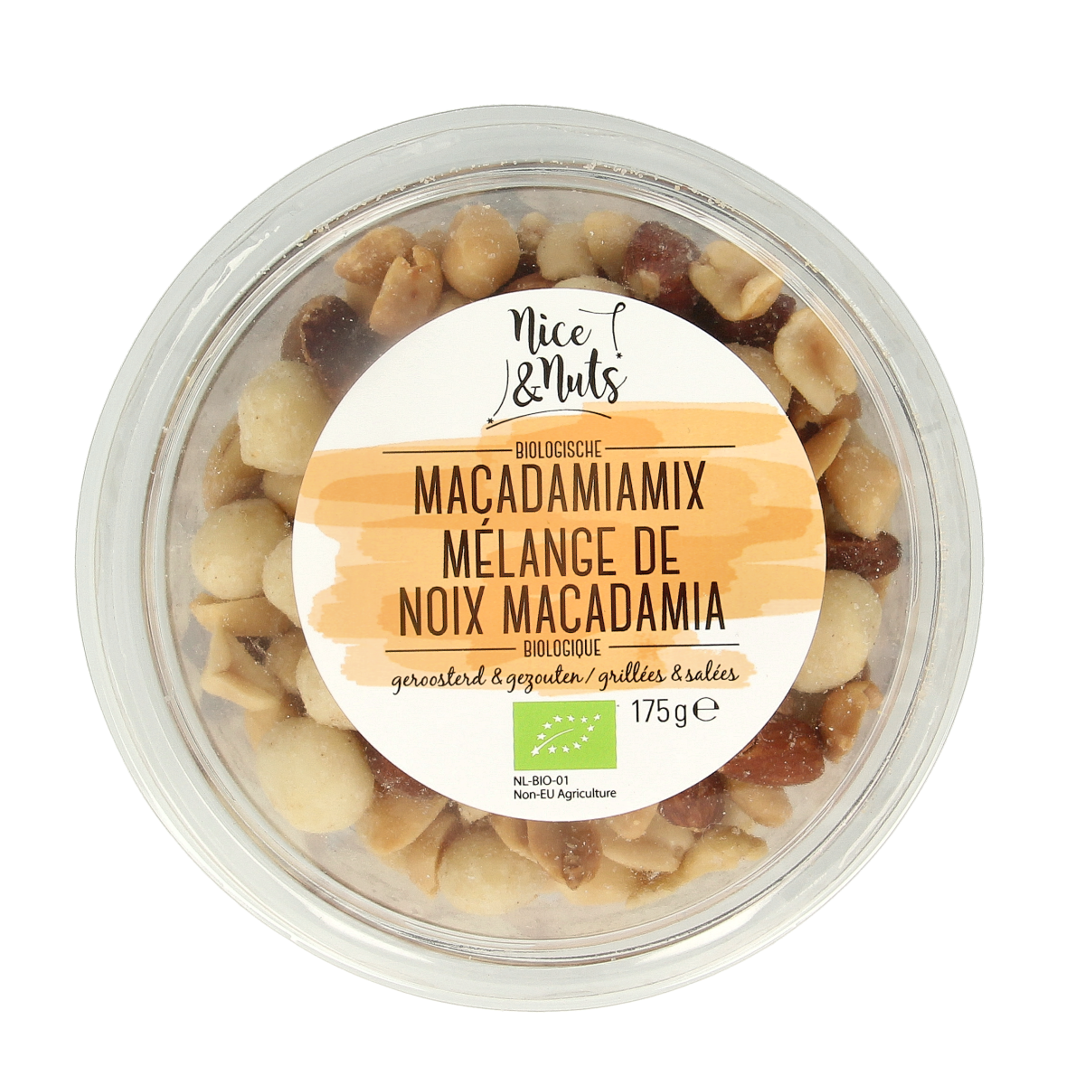Raw Nice & Nuts Macadamia mix with sea salt, roasted, organic superfood snack, 175 grams, shown in the image.