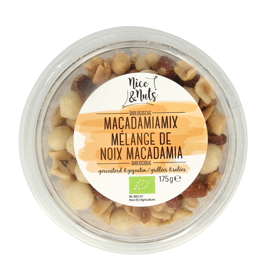 Raw Nice & Nuts Macadamia mix with sea salt, roasted, organic superfood snack, 175 grams, shown in the image.