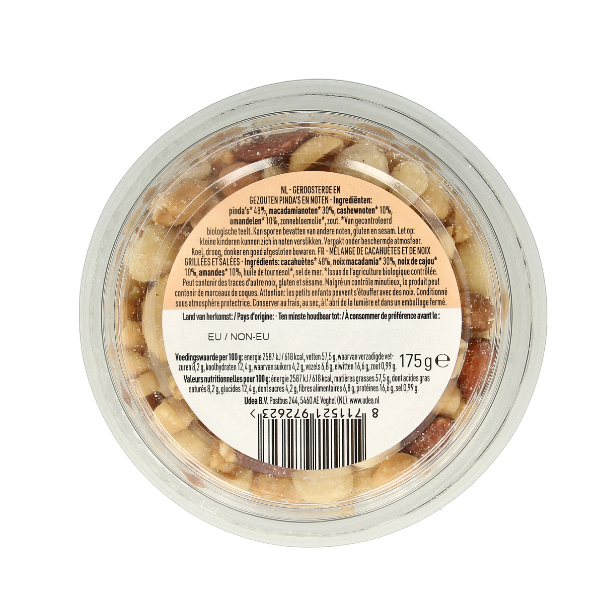 Raw organic Nice & Nuts Macadamia mix with sea salt, roasted, 175g, featuring golden macadamia nuts in a natural setting.