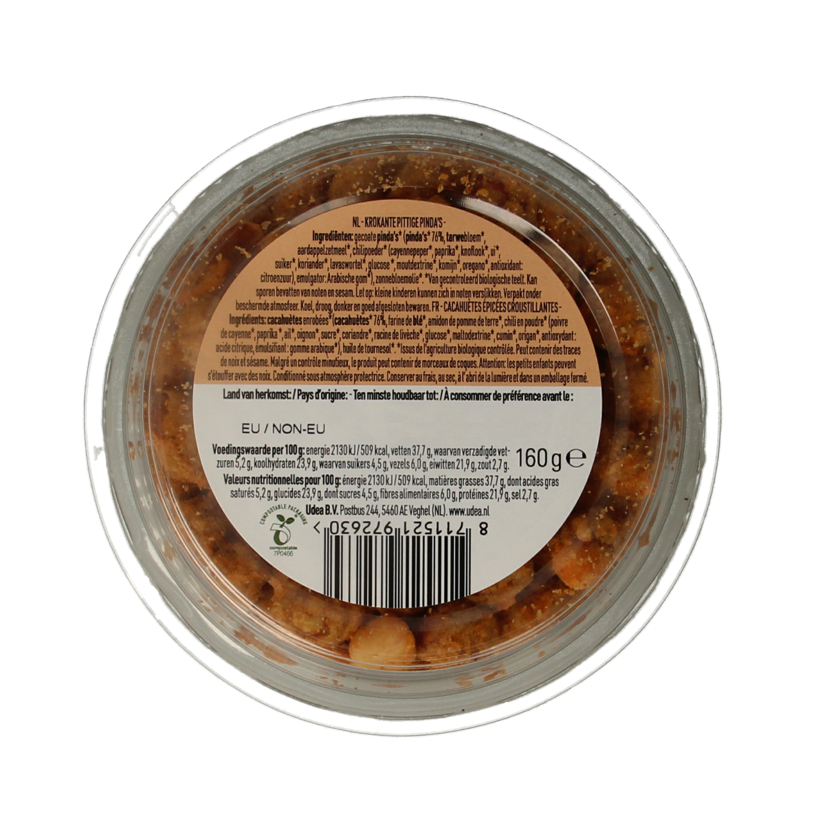 Roasted organic peanut and crispy kick snack by Nice & Nuts in 160g package, showing peanuts and katjang pedis in a clear container