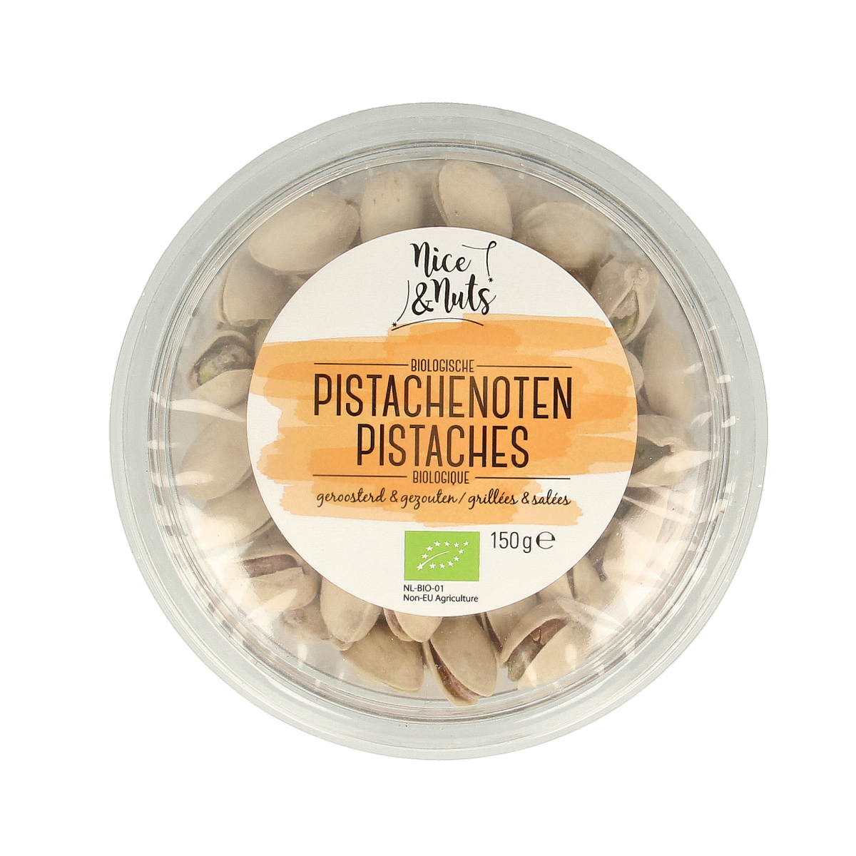 Raw salted roasted pistachio nuts from Nice & Nuts, organic superfoods in a 150g package, shown in the image.