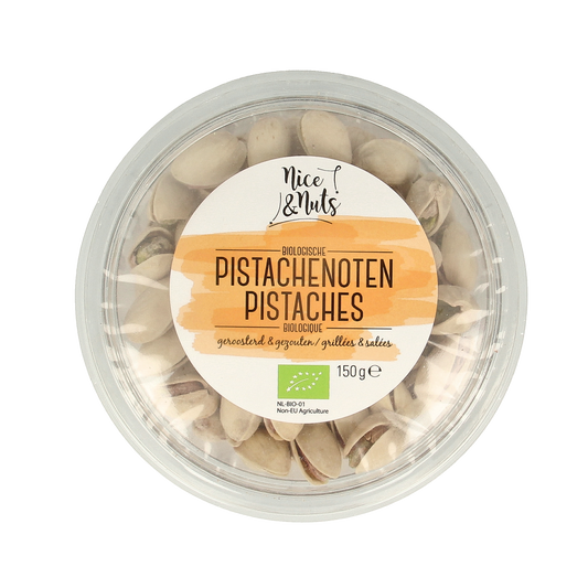 Raw salted roasted pistachio nuts from Nice & Nuts, organic superfoods in a 150g package, shown in the image.