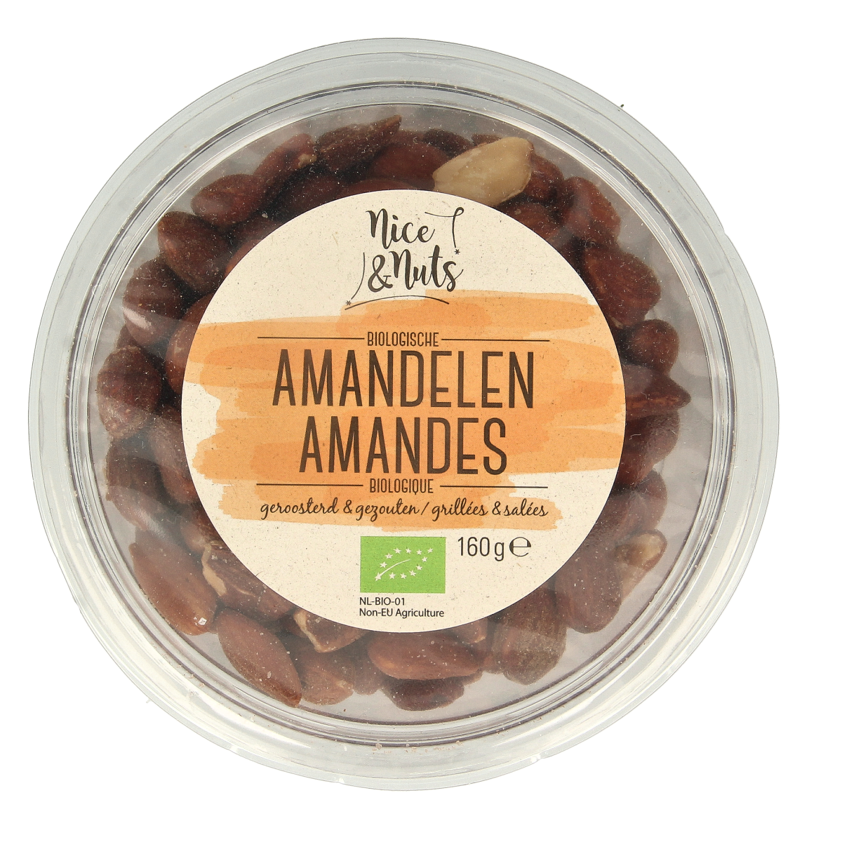 Roasted salted organic brown almonds from Nice & Nuts, 160g, shown in a close-up of the snack package.