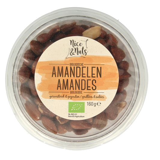 Roasted salted organic brown almonds from Nice & Nuts, 160g, shown in a close-up of the snack package.